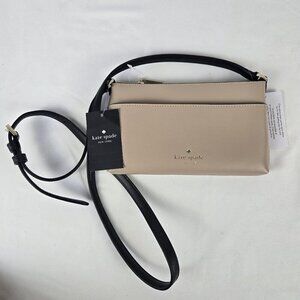 Kate Spade "Sadie" Warm Beige Colorblock Saffiano Leather Crossbody & Pouch NWT